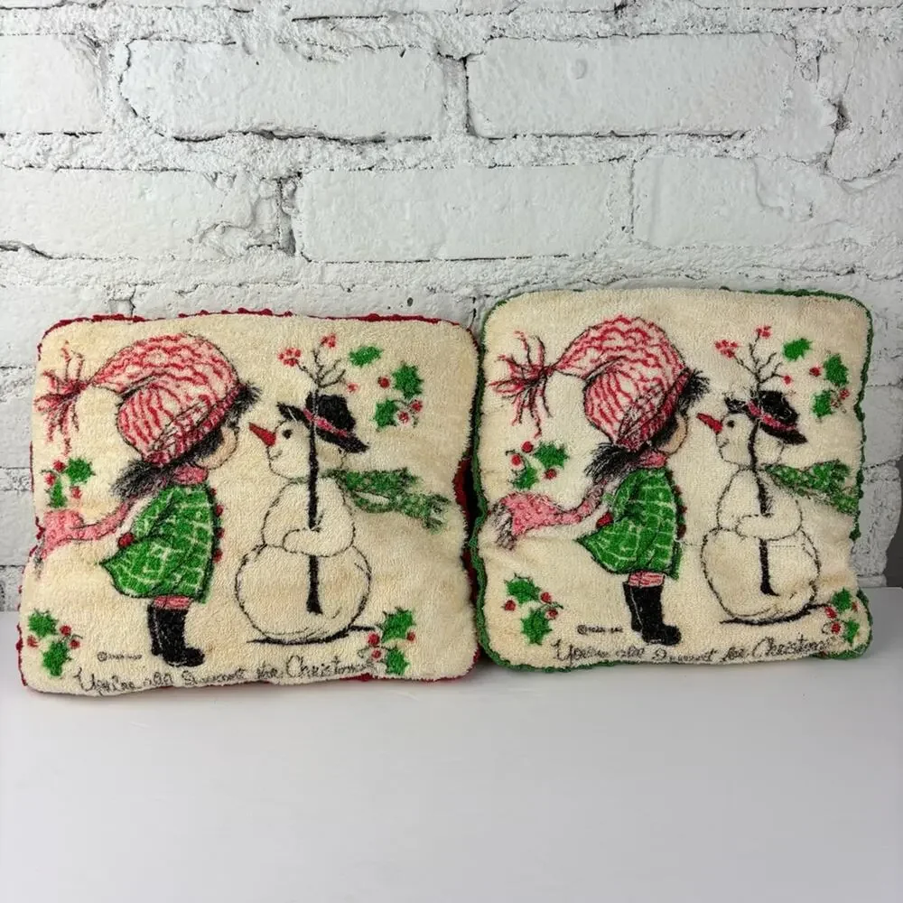 Vintage Your All I Want For Christmas Girl & Snowman Towel Pillows 2